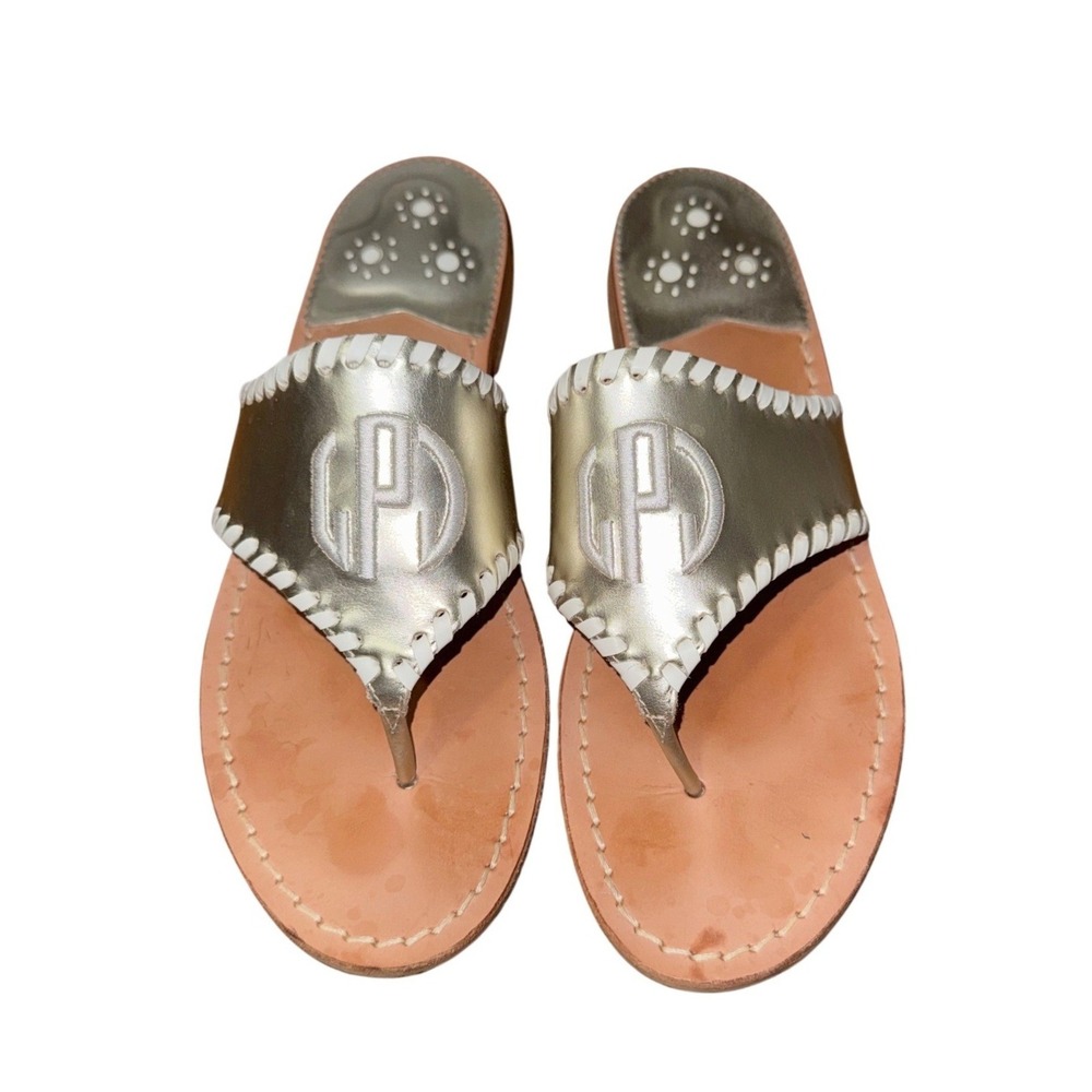 Jack Rogers Monogrammed Metallic Gold Leather Navajo Flat Thong Sandals Women 9M